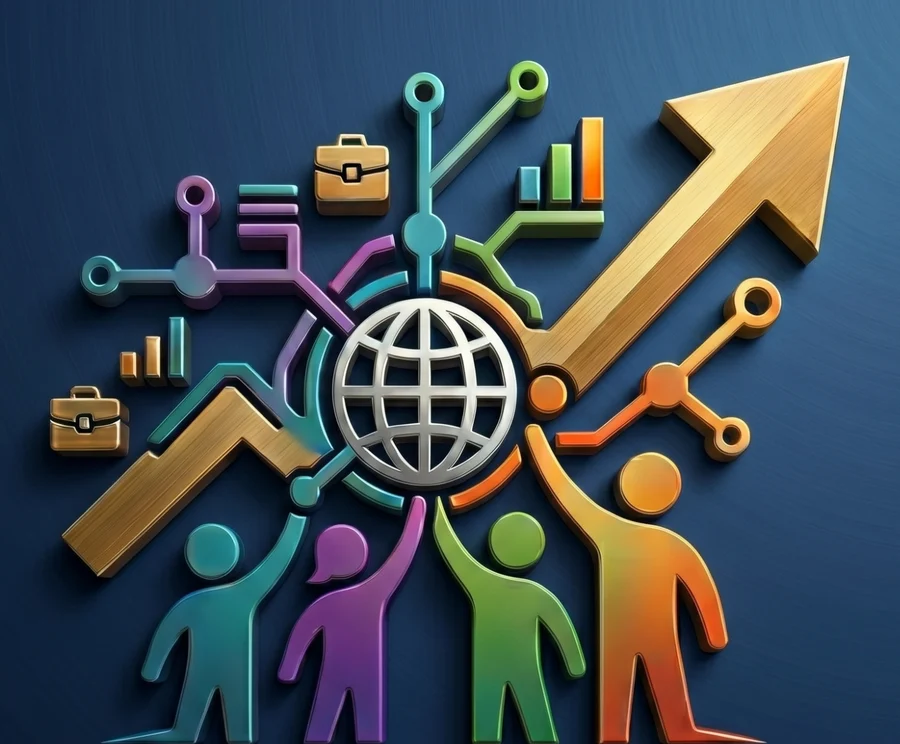 HeyWhatEverSOCIAL network graphic: people reaching up to a globe with a golden arrow
